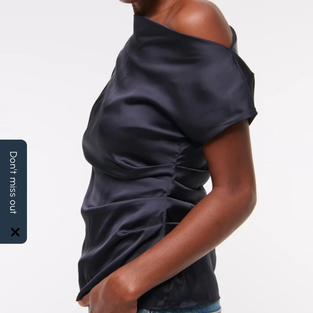 Asymmetrical One-Shoulder Satin Like Silk Like Top Navy Blue XS - Picture 5 of 9
